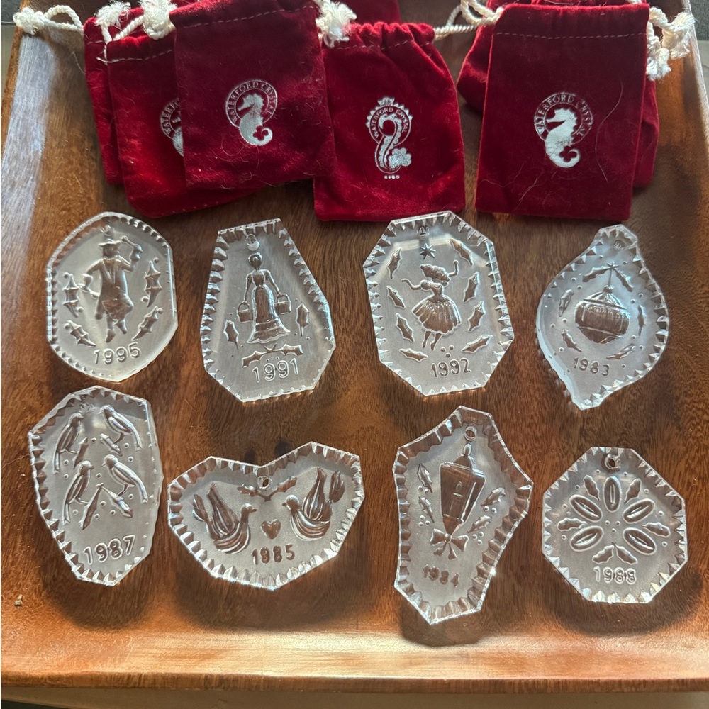 Waterford Clear Crystal Holiday Charm Set with Red Velvet Pouches